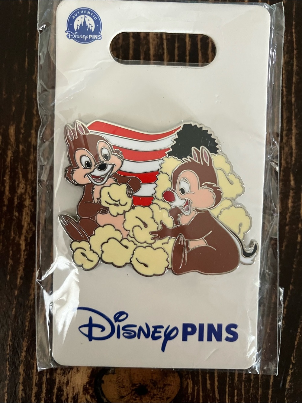 Disney Chip and Dale Popcorn Enamel Pin — Brown, Yellow, Red, Black, White